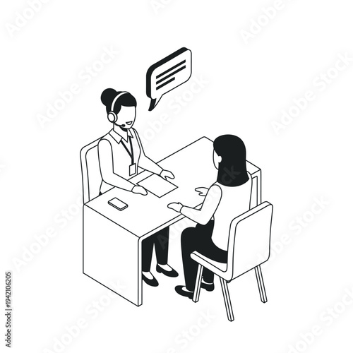 Two women are sitting at a desk, one is interviewing the other, with a speech bubble above the interviewer.