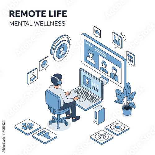 Remote life and mental wellness concept with a person working on a laptop connected to a video call, surrounded by icons representing communication and well-being.