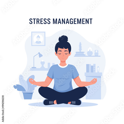 A woman meditating peacefully in a serene room, practicing stress management and mindfulness.