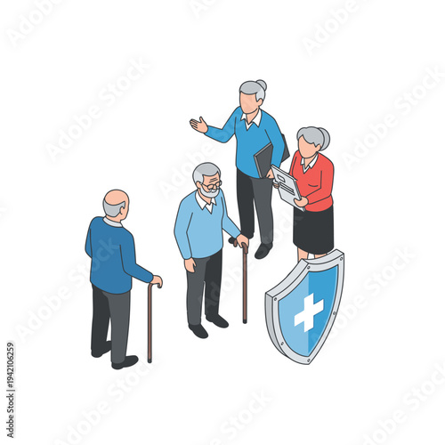 Elderly individuals are discussing health insurance options with a representative, symbolized by a shield with a medical cross.