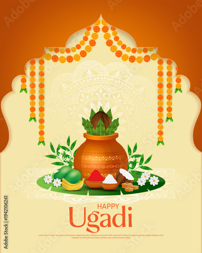 Happy Ugadi, New Year's Day according to the Hindu calendar - banner template design including Kalash, banana leaf, green mango, flowers, rangoli.