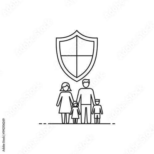 A stylized line art illustration depicting a shield symbol of protection above a family of four, representing security and safety.