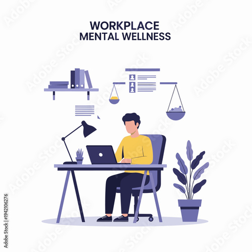 Illustration of a man working at a desk, symbolizing workplace mental wellness and the balance of work-life.