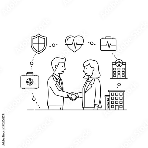 Two professionals shaking hands, surrounded by icons representing healthcare, insurance, and medical facilities, symbolizing a business agreement in the health sector.
