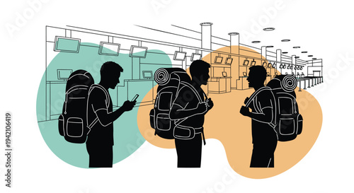 Set of 3 vector silhouettes of people with backpacks
