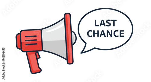 A red megaphone illustration with a speech bubble displaying the text last chance