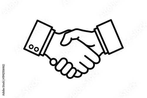 Handshake agreement between two business partners, symbolizing trust, partnership, and cooperation in a professional setting, with a simple line drawing style.