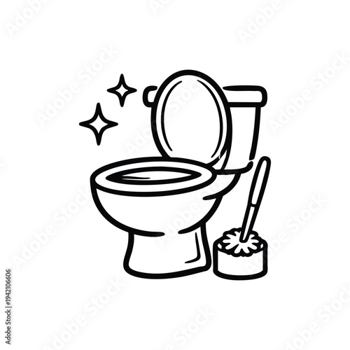 Clean toilet bowl with brush black and white vector illustration for cleaning service and hygiene concept