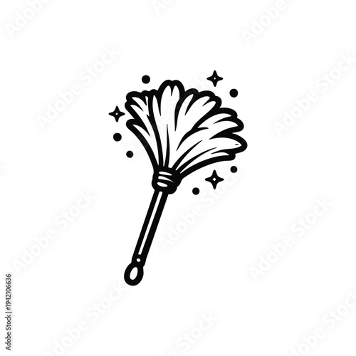 Feather duster cleaning icon black and white vector illustration with sparkling dust for housekeeping and cleaning service design
