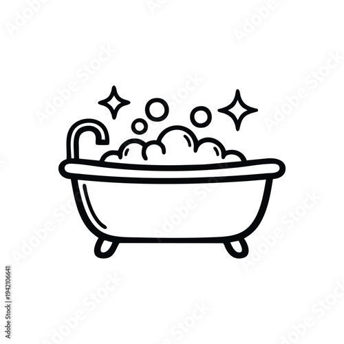 Clean bathtub with foam bubbles and sparkle icons black and white vector illustration for cleaning service and hygiene concepts