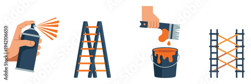 Essential painting and renovation tools collection including spray can, ladder, paint bucket with brush, and scaffolding, featuring modern flat vector icons for digital interface design