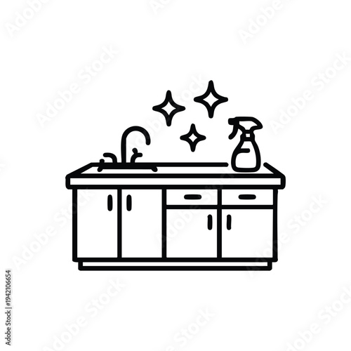 Clean kitchen counter line icon black and white vector illustration of sink spray bottle and sparkling countertop for cleaning service and hygiene concepts