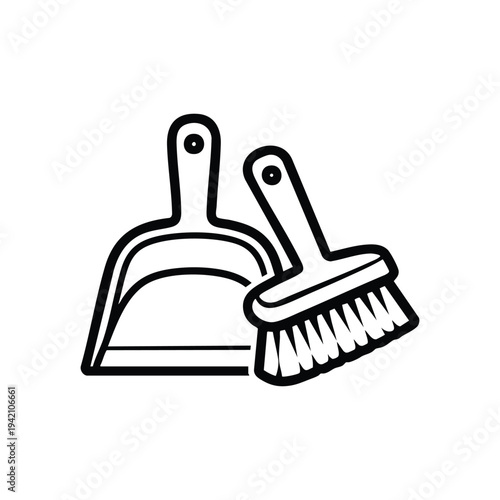 Cleaning service black and white vector icon with dustpan and brush for housekeeping and janitorial business