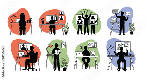 Set of 8 people working on computers and whiteboards vector