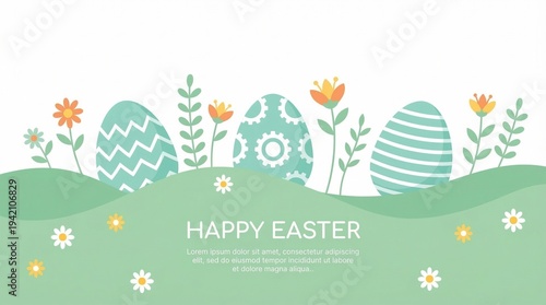 Happy Easter celebration vector illustration with eggs, flowers, and spring meadow background in pastel colors