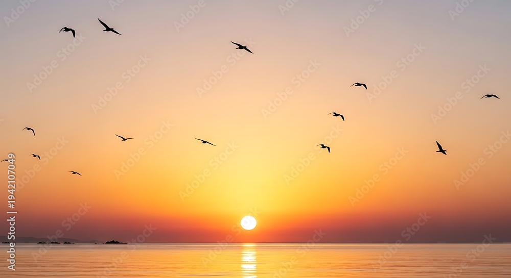 Fototapeta premium Sunset over calm sea with flying birds.