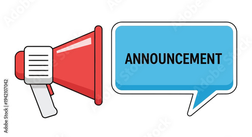Red megaphone with a speech bubble displaying the word announcement