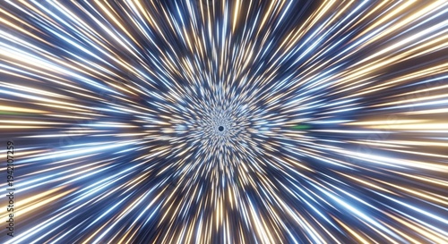 Abstract Warp Speed Tunnel of Light Streaks in Blue and Gold Moving Towards a Central Black Hole