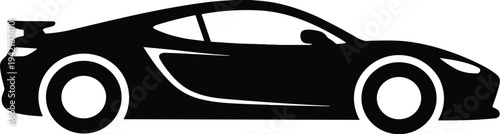 Minimal vector silhouette, sports car side view aerodynamic vehicle, solid black, isolated on white background