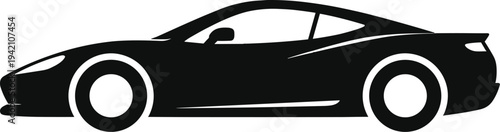 Minimal vector silhouette, sports car side view aerodynamic vehicle, solid black, isolated on white background