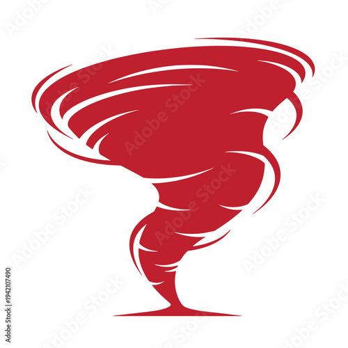 Red tornado illustration with swirling winds and a funnel cloud storm symbol isolated on white background
