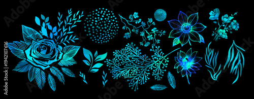 Set of neon flowers on a black background . Hand drawn. Not AI, vector illustration.