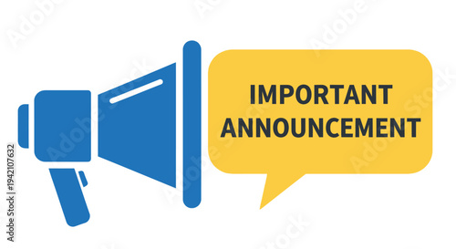 Blue megaphone with a yellow speech bubble displaying the word important announcement