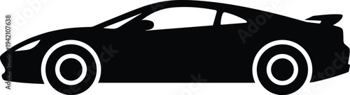 Minimal vector silhouette, sports car side view aerodynamic vehicle, solid black, isolated on white background