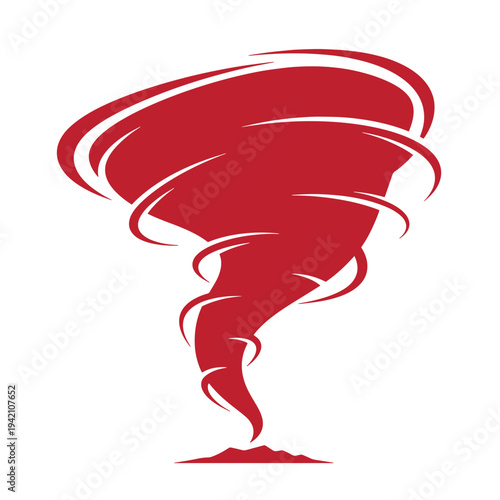 Red tornado illustration with swirling winds and a funnel cloud formation in a natural disaster concept