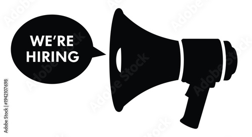Black silhouette of a megaphone displaying the text we re hiring