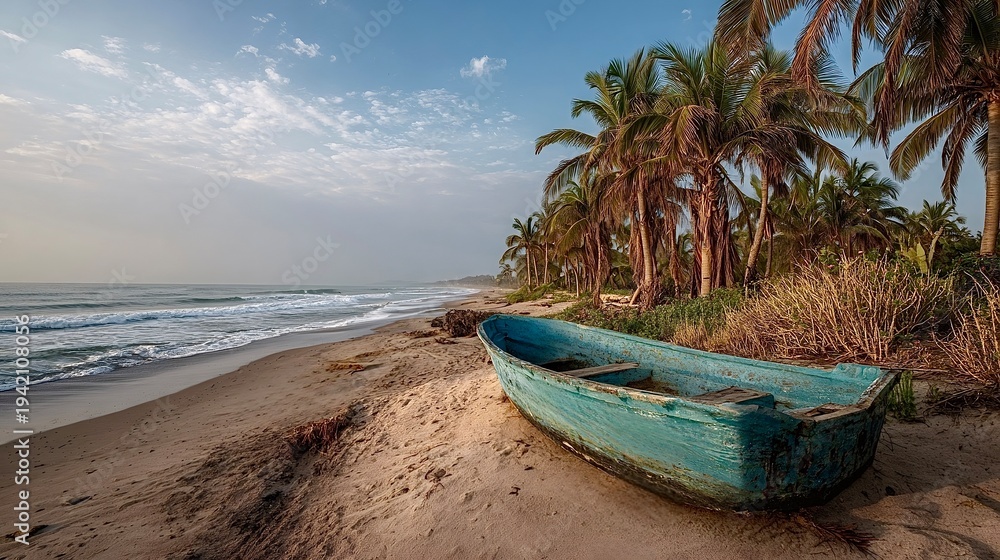 Naklejka premium Old fishing boat resting on tropical beach during sunrise