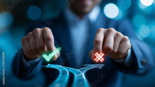 Abstract concept visualization of a businessman choosing between right and wrong symbols a glowing green checkmark and a vivid red cross floating above two distinct pathway