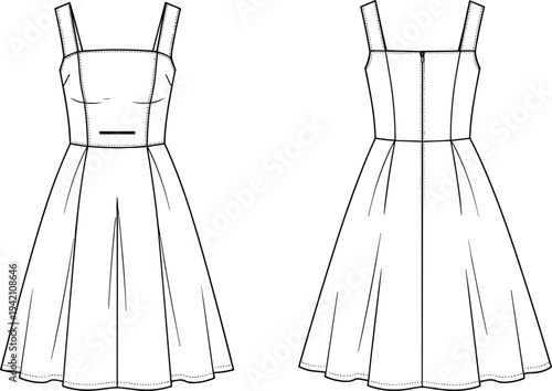 Women square neck sleeveless midi dress fashion technical drawing with wide straps, fitted bodice and flared skirt front and back view