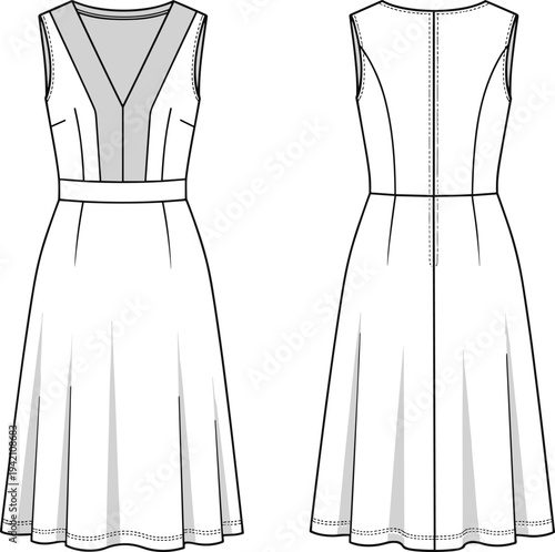 Women strapless evening gown fashion technical drawing with sweetheart bodice, draped waist and flowing train, front and back view