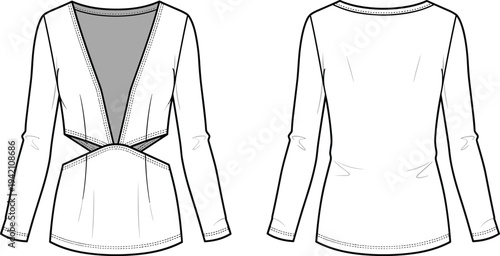 Women V neck cutout waist blouse fashion technical drawing with long sleeves fitted silhouette front and back view