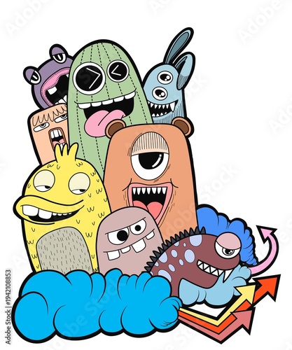 Hand-drawn illustrations, monsters doodle, Hand Drawn cartoon monster illustration,Cartoon crowd doodle hand-drawn Doodle style.