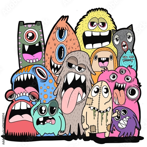 Hand-drawn illustrations, monsters doodle, Hand Drawn cartoon monster illustration,Cartoon crowd doodle hand-drawn Doodle style.