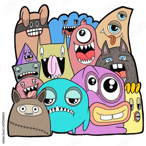 Hand-drawn illustrations, monsters doodle, Hand Drawn cartoon monster illustration,Cartoon crowd doodle hand-drawn Doodle style.