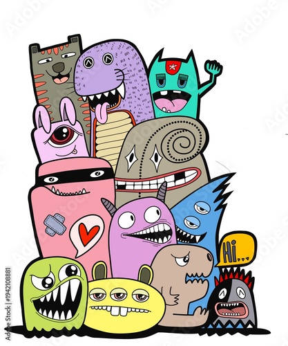 Hand-drawn illustrations, monsters doodle, Hand Drawn cartoon monster illustration,Cartoon crowd doodle hand-drawn Doodle style.