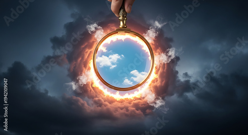 Hand holding magnifying glass revealing clear sky with clouds through fiery portal in dark stormy clouds