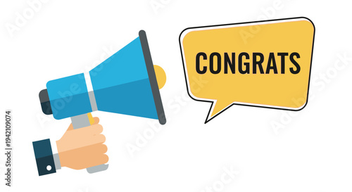 A hand holding a blue megaphone with the word congrats displayed in a speech bubble