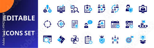 Business management system flat icons set. business strategy, finance growth, data analytics, team collaboration, security shield, project planning, checklist tasks, target goals