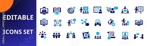 Business management system flat icons set. business management, online education, target planning, team communication, project checklist, workflow process, growth analytics