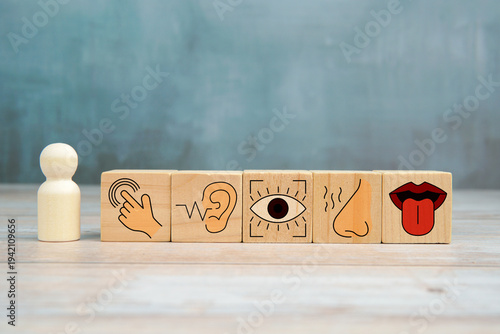 Fotografie Five human senses concept with wooden blocks showing touch, hearing, sight, smell and taste icons beside a person figure