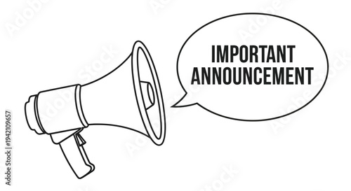 Line art illustration of a megaphone with the text important announcement