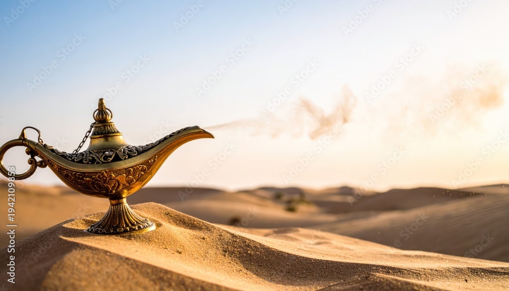 Fototapeta premium Golden Magic Lamp Emitting Smoke on Desert Sand Dunes at Sunset, Symbolizing Wishes and Fantasy