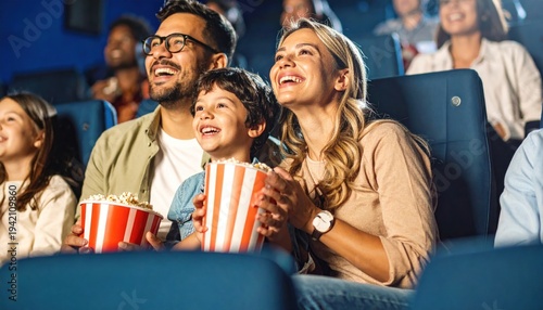 Smiling family of four, parents and children, enjoying a film together at a modern movie theater, eating popcorn and laughing with happy expressions.