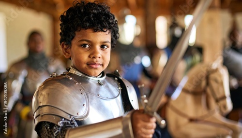 Young boy in knight armor holding a sword, looking at the camera