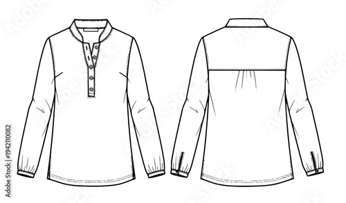 Henley neck kurta with Chinese collar technical fashion sketch