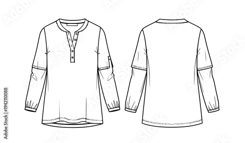 Chinese collar half placket tunic top front and back fashion flat sketch